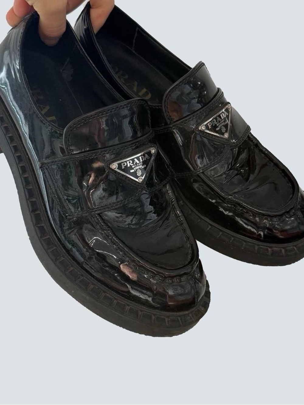 Prada Black Patent Leather Penny Loafers with Logo Plaque